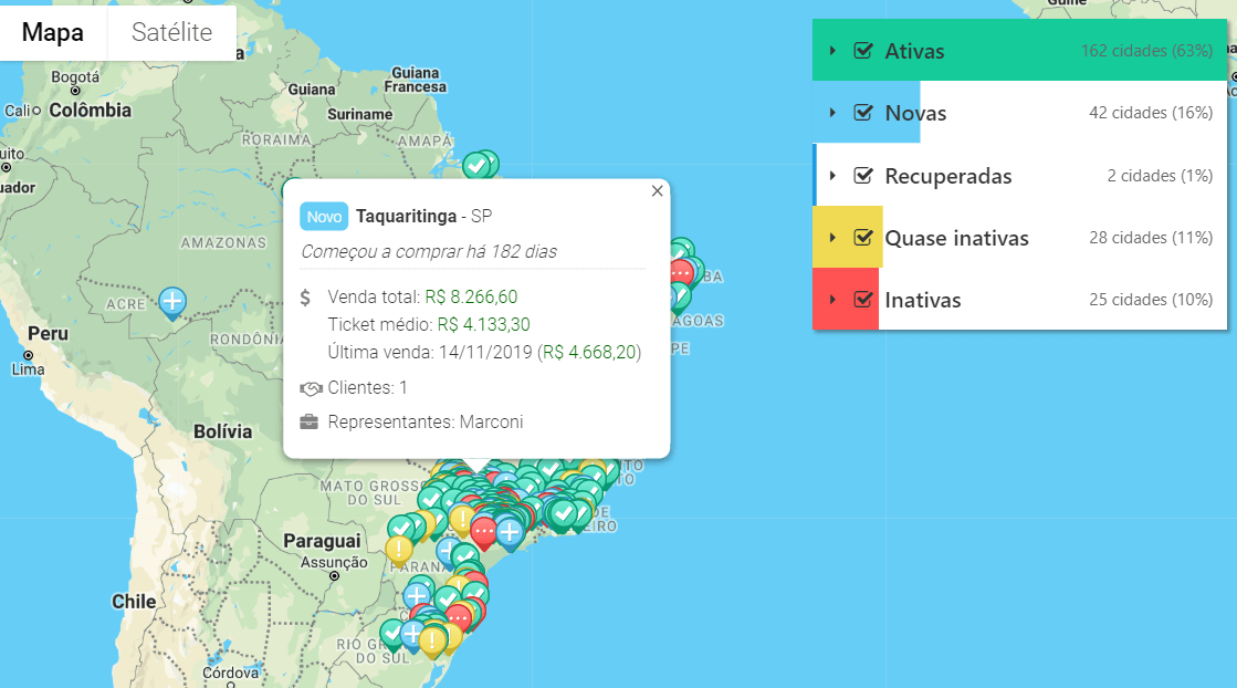Mapa por cidade com dados de vendas e potencial de mercado