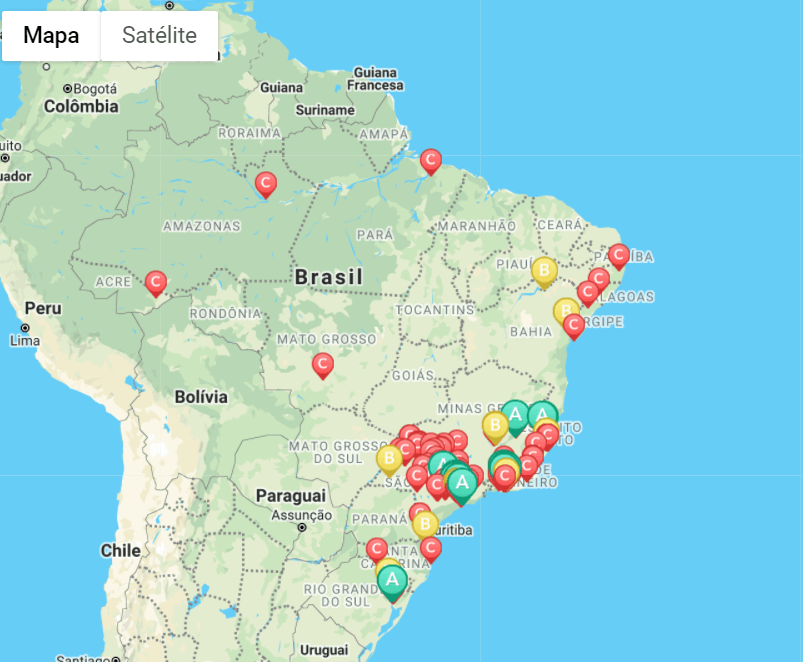 Mapa mostrando a distribuição geográfica dos clientes por classe da curva ABC