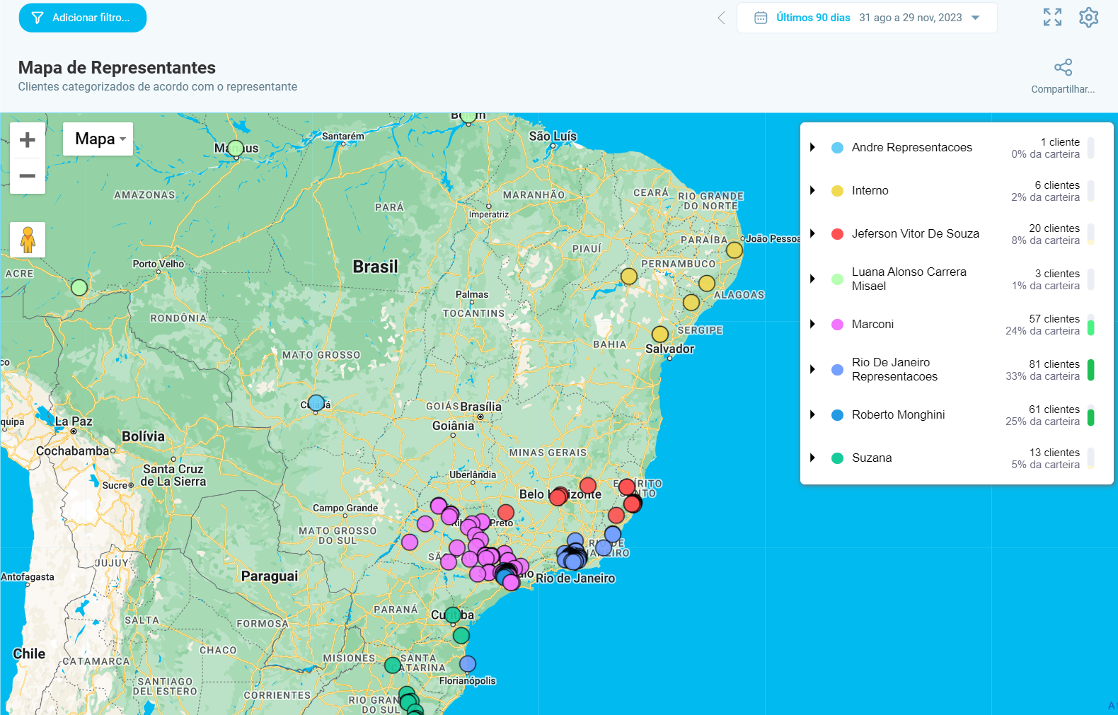 Mapa de vendas e clientes de representantes