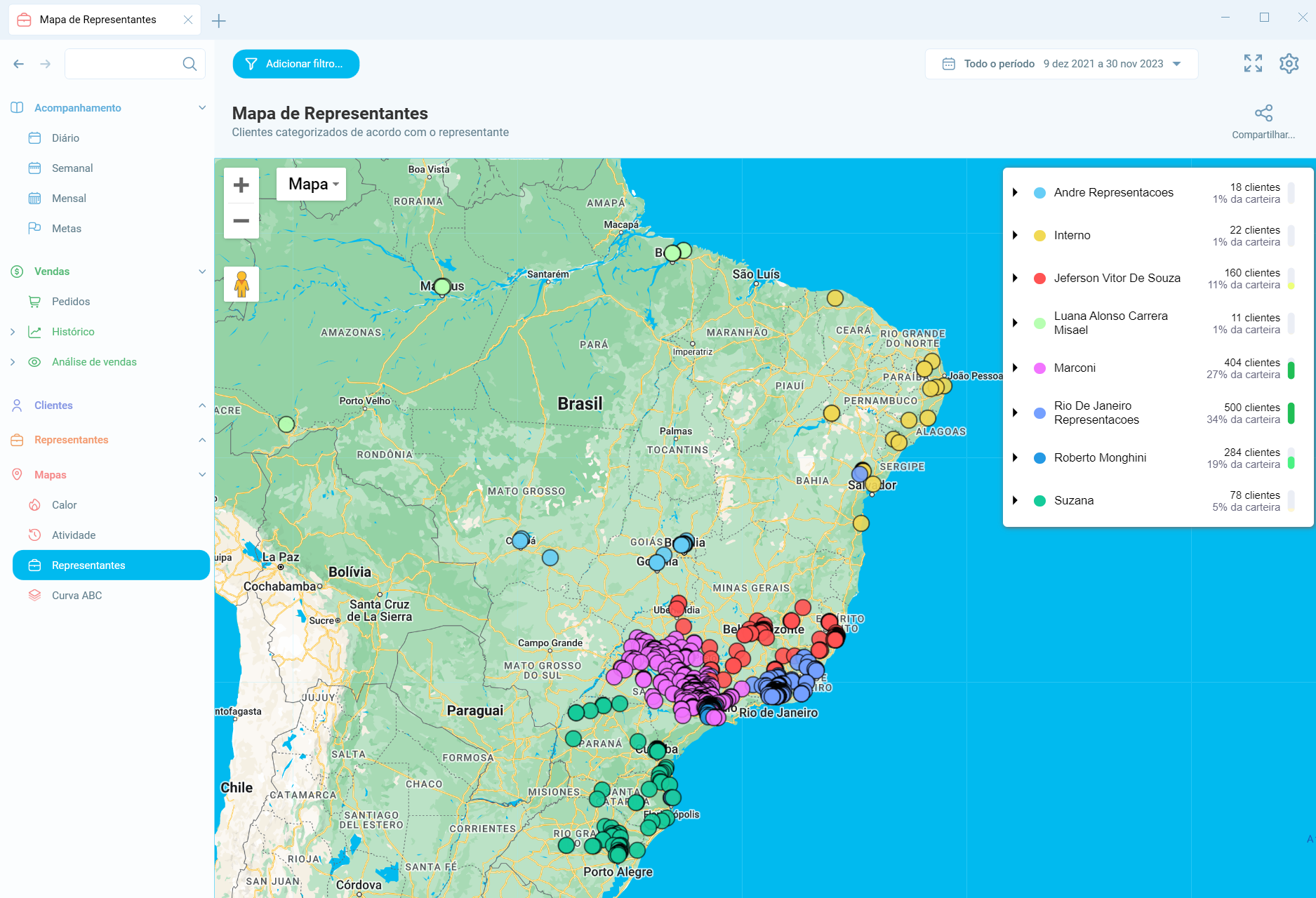 Mapa de vendas de representante