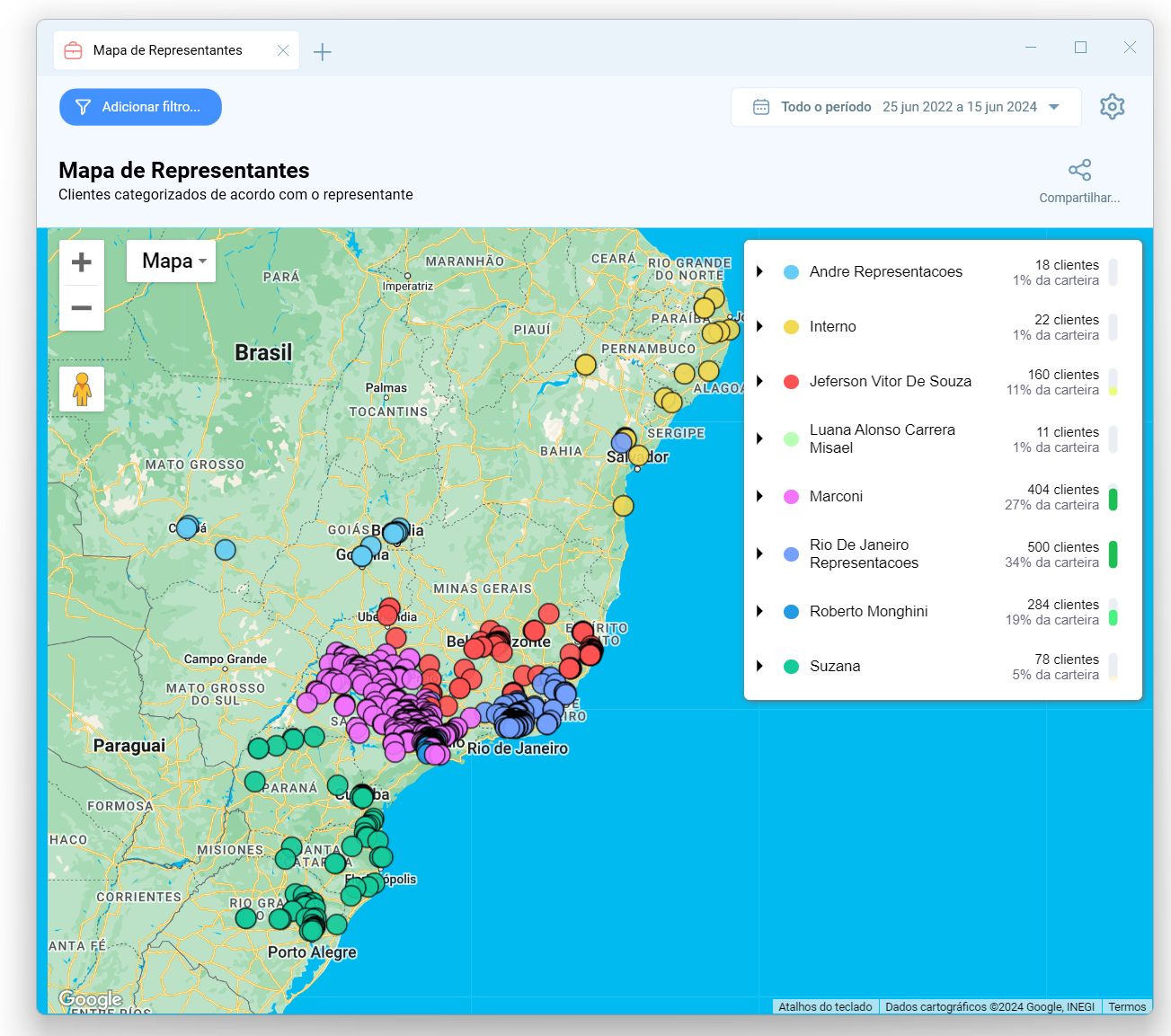 Mapa de clientes atendidos por representantes