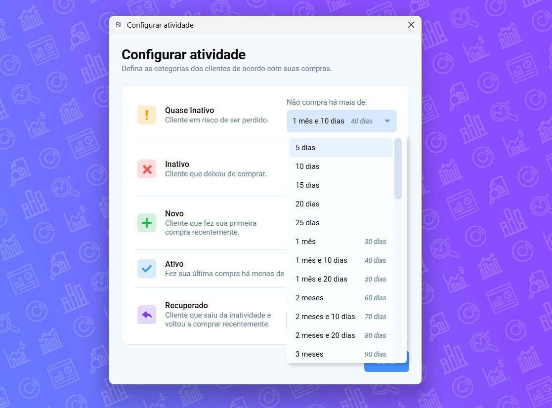 Configuração de dias de atividade