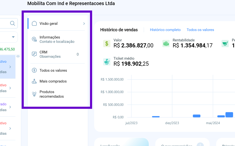 Menu de navegação de cliente
