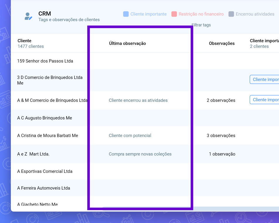 CRM com observações