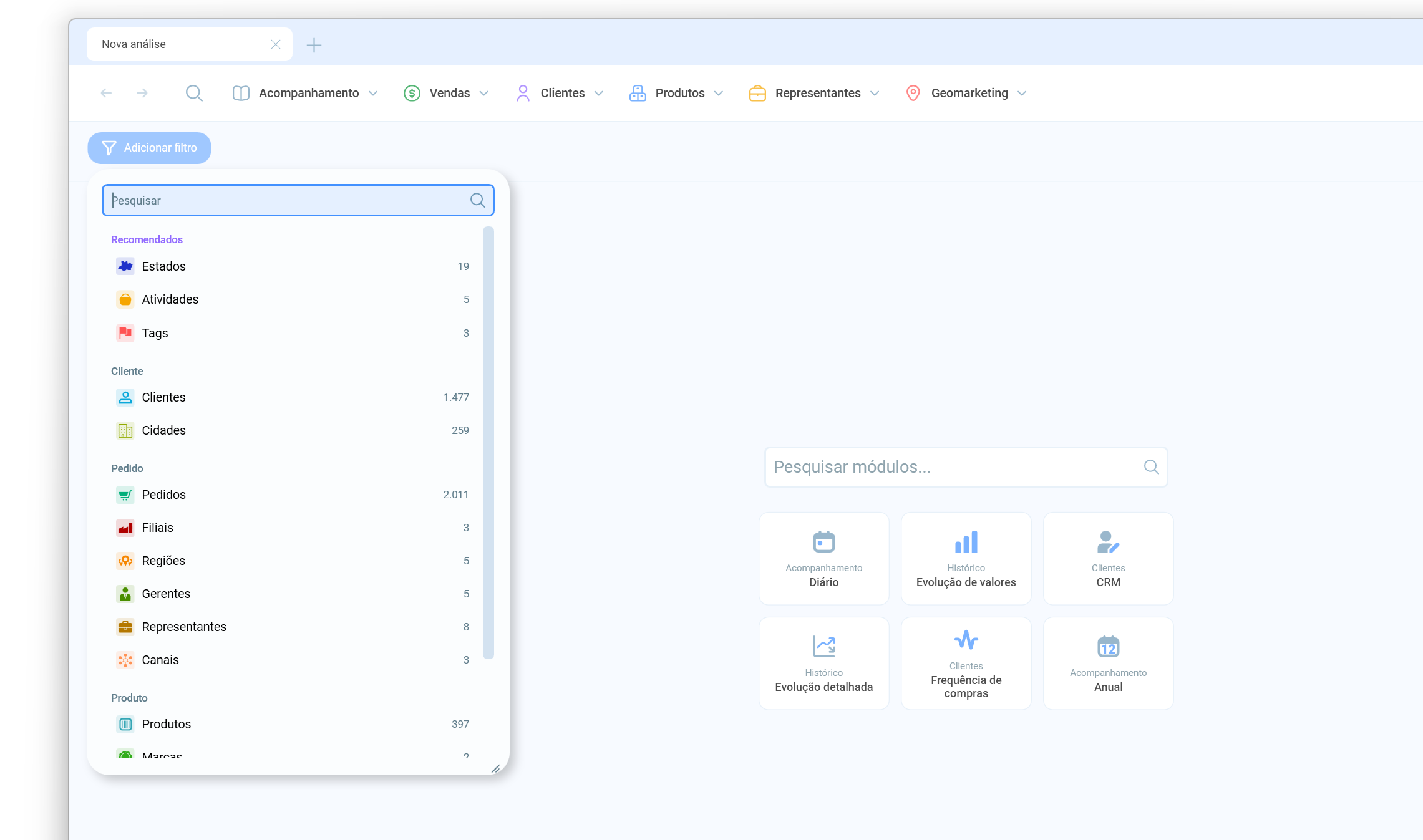 Novo popup de filtros do Salescope, exibindo opções de seleção rápida