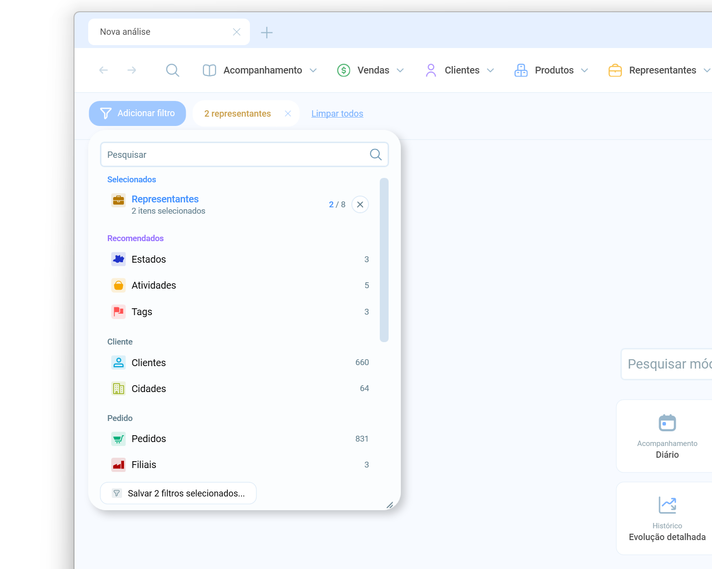 Filtros selecionados exibidos no topo da lista, com sugestões baseadas em análises anteriores