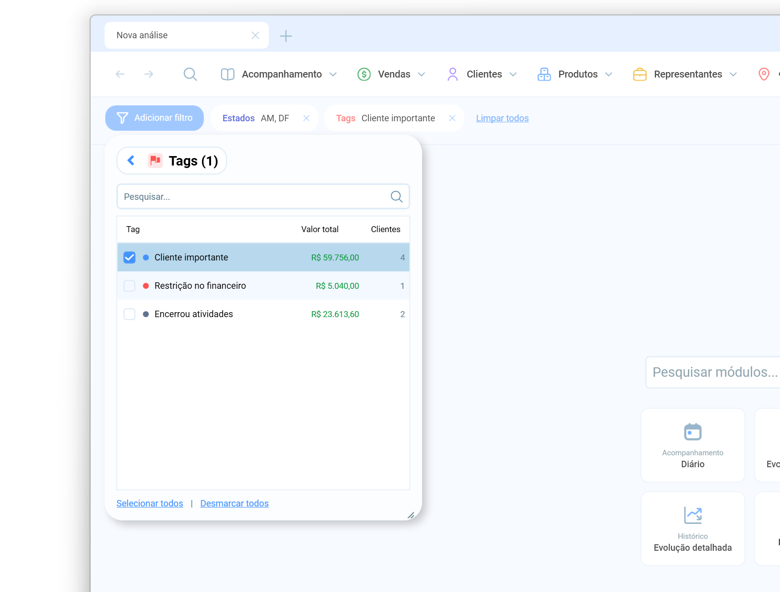 Filtro de Tags aplicado para segmentar clientes por categorias personalizadas