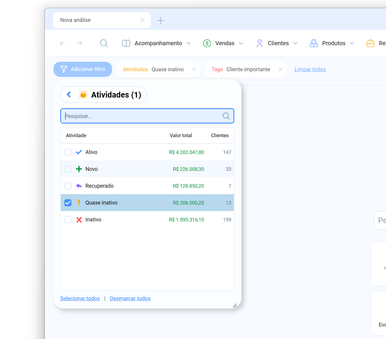 Filtro de Atividade sendo aplicado diretamente em qualquer módulo do Salescope