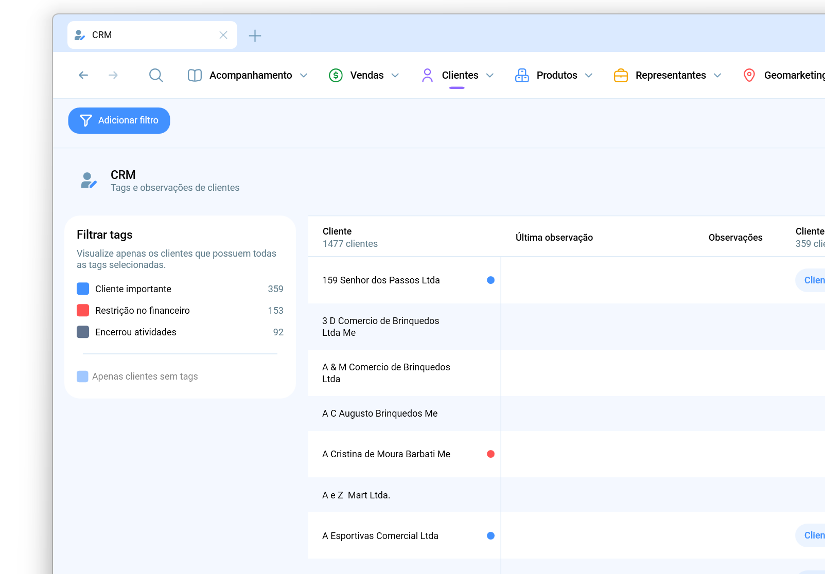 Botão para gerenciar as tags disponíveis no sistema, dentro do módulo CRM