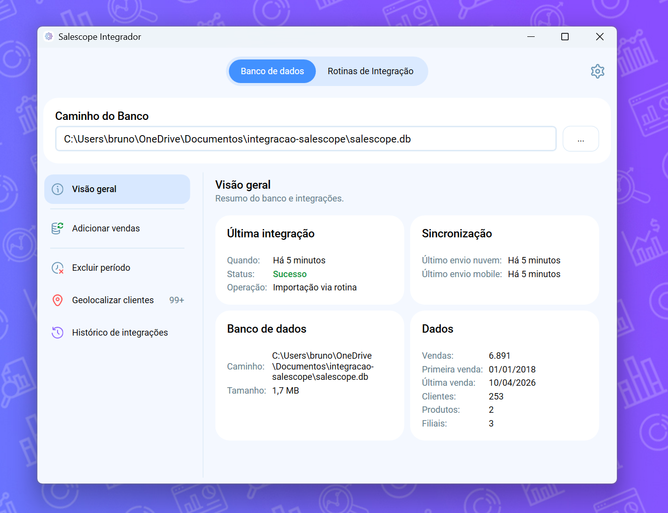 Interface reformulada do Integrador de vendas do Salescope, separada em seções de Banco de Dados e Rotinas