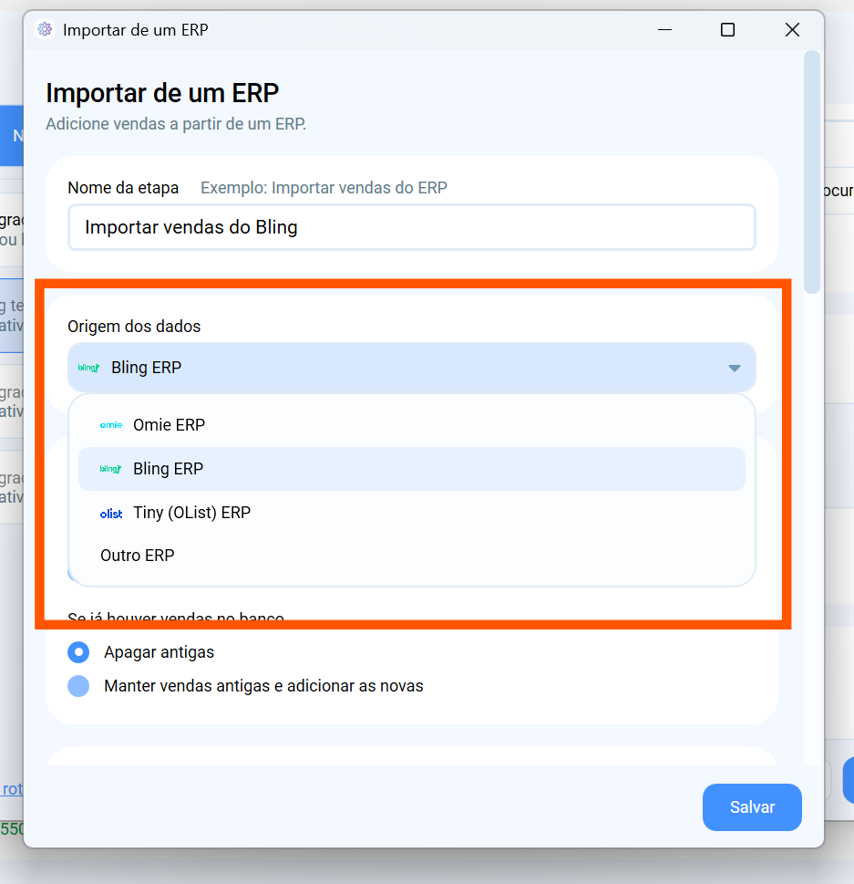 Tela de integração com ERPs no Salescope, mostrando as opções de importação via Bling, Omie e Olist