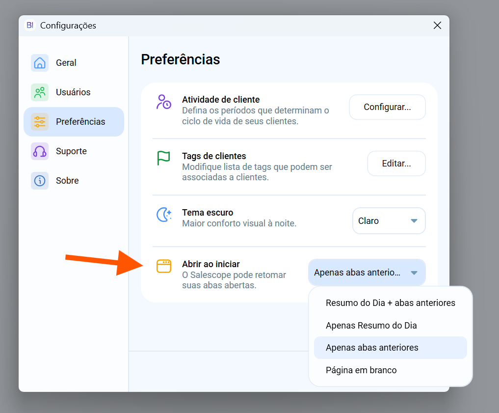 Configuração de memória de abas no Salescope, mostrando a opção de restaurar abas e filtros da última sessão