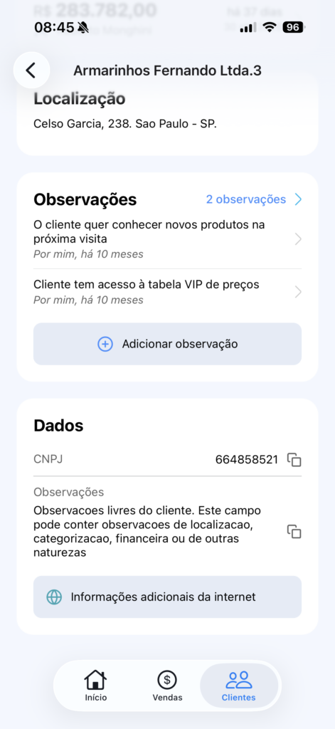 Dados e observações do cliente