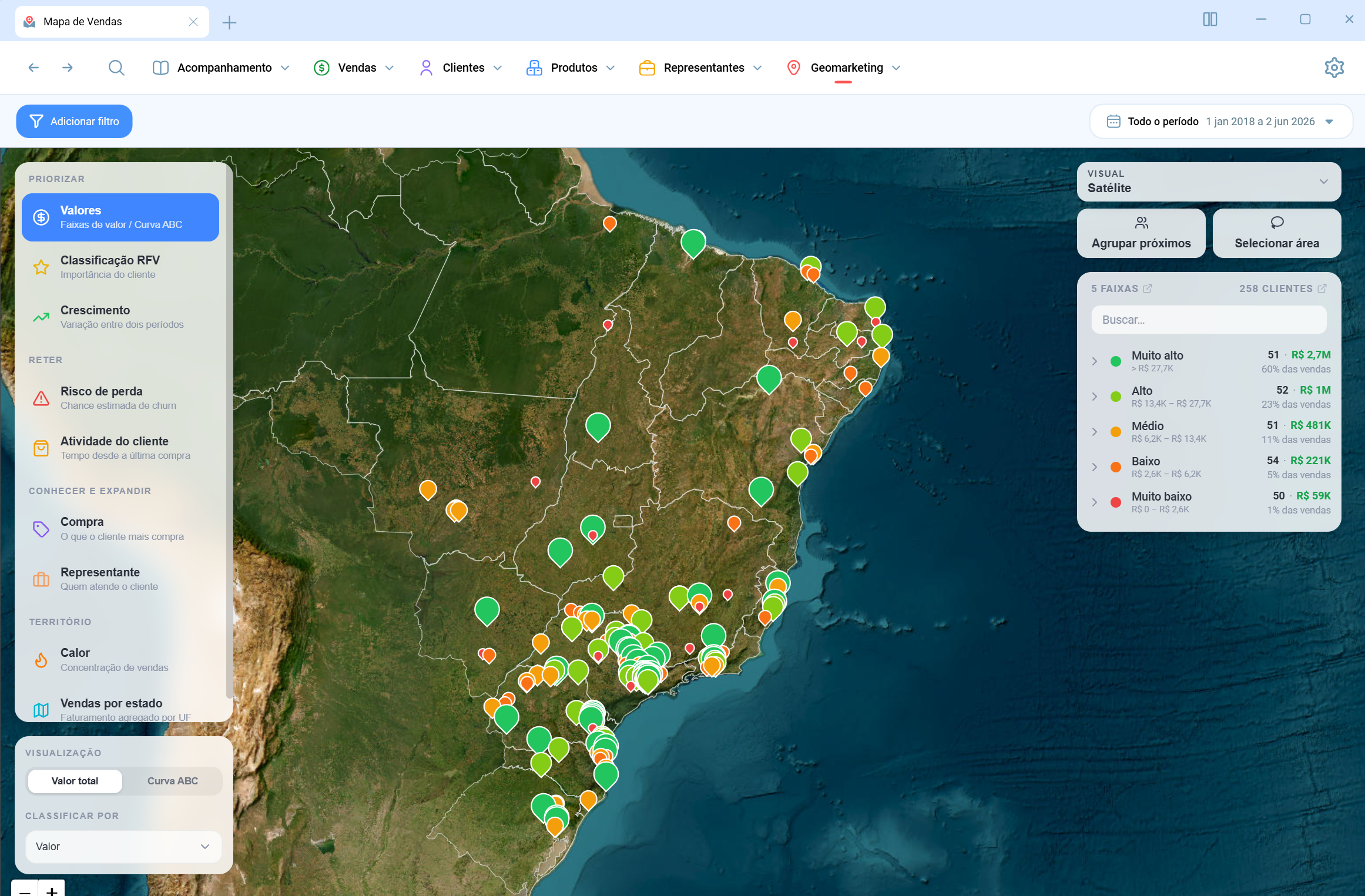 Mapa de vendas do Salescope BI com clientes geolocalizados por faixa de faturamento e curva ABC