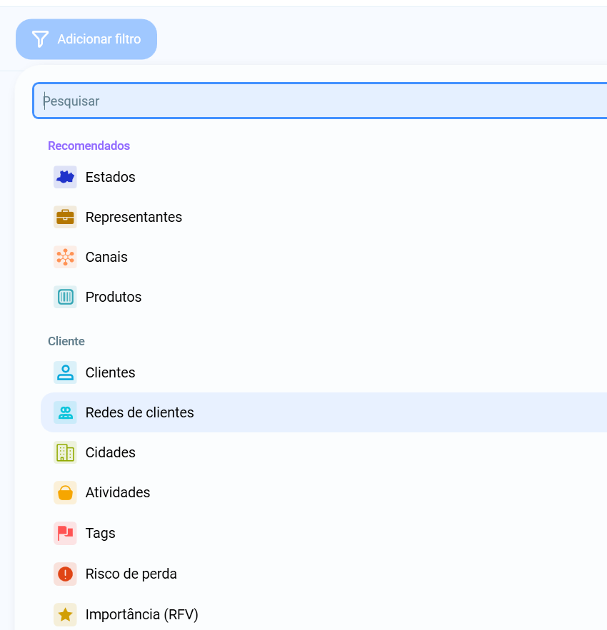 Menu de filtros do Salescope com a opção 'Redes de clientes' destacada entre os filtros de cliente.
