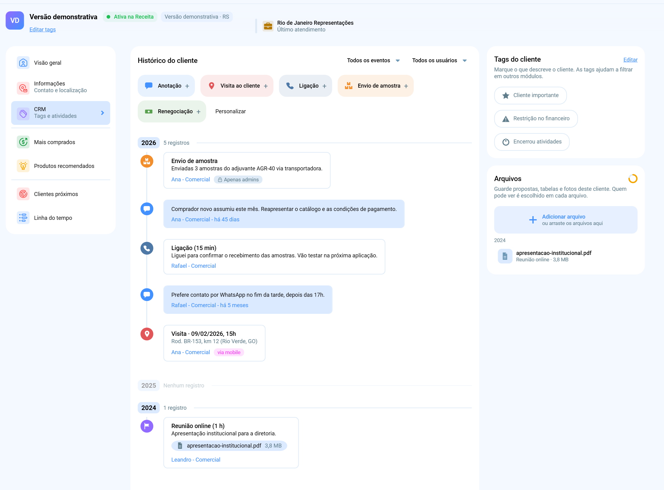 Histórico de atendimento do cliente dentro do CRM para distribuidora