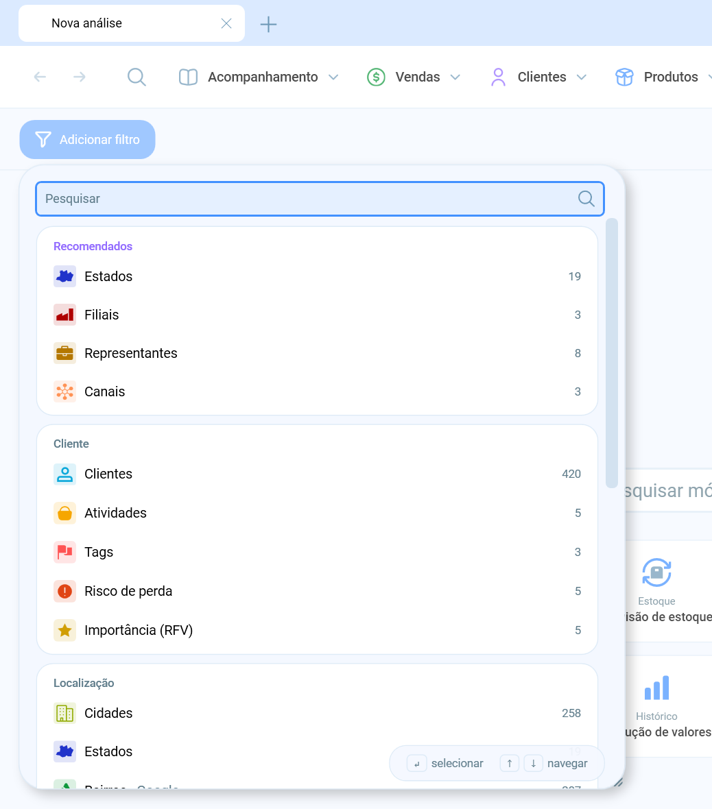 Novo painel de adição de filtros do Salescope BI com itens organizados por categorias como Cliente e Localização