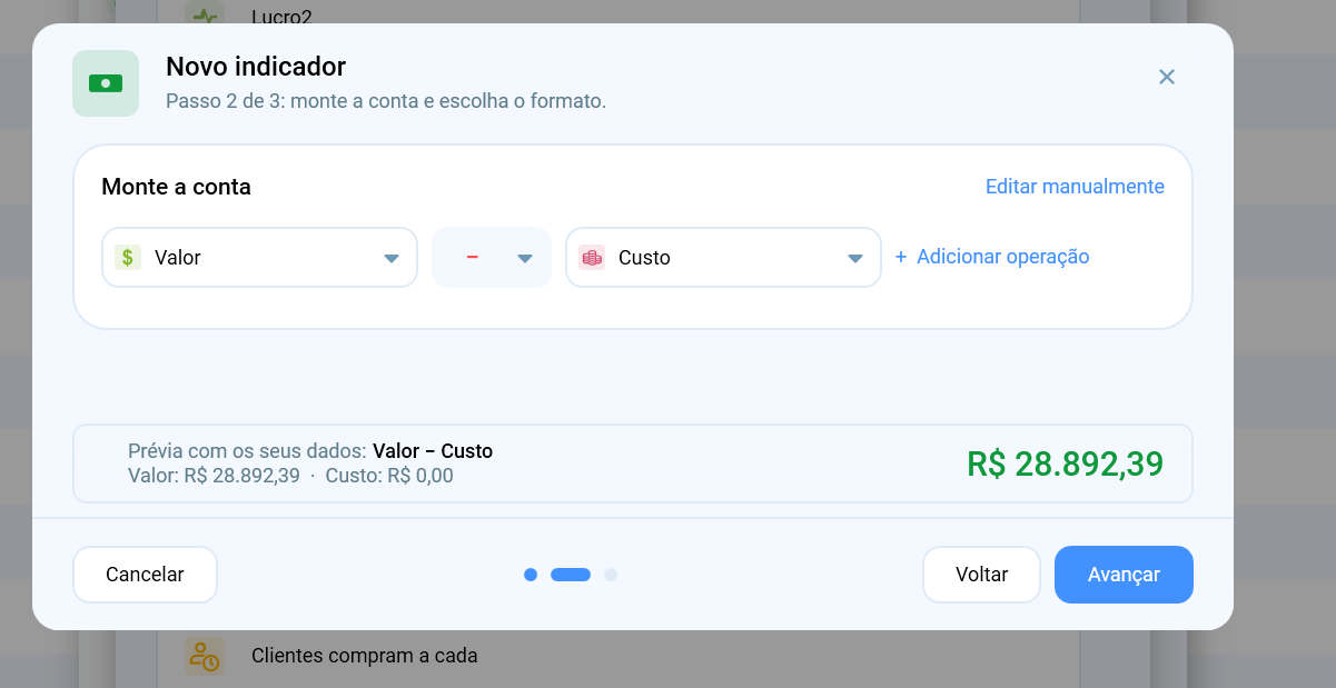Passo 2 do assistente do Salescope: a conta Valor menos Custo montada na tela, com prévia do resultado sobre os dados reais da empresa