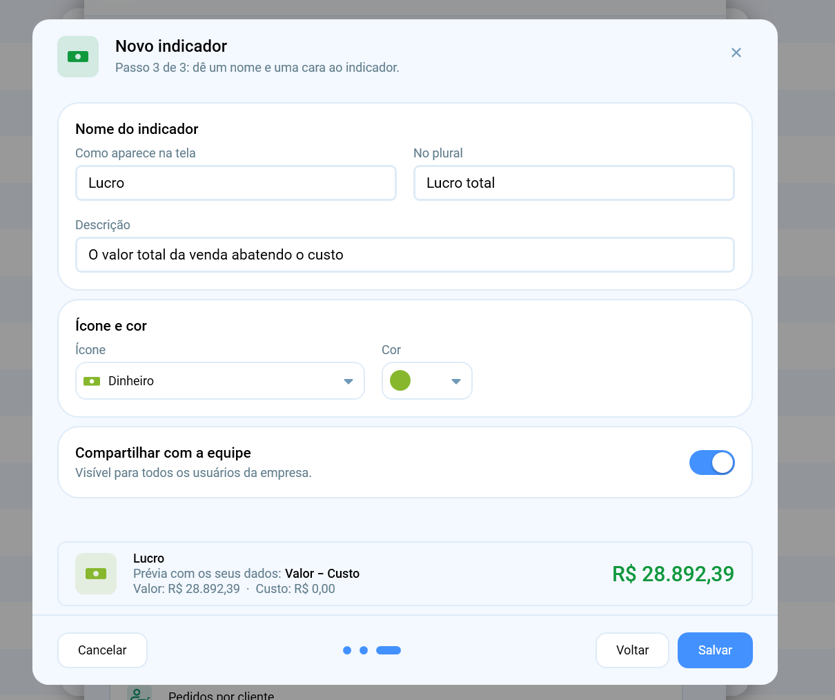 Passo 3 do assistente de KPIs personalizados do Salescope: nome, descrição, ícone, cor e opção de compartilhar o indicador Lucro com a equipe