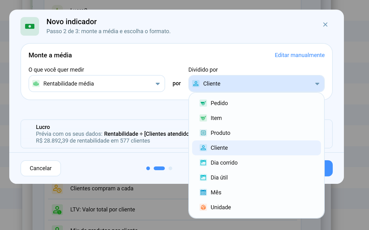 Tela de KPIs personalizados de média no Salescope: Rentabilidade média dividida por Cliente, com a lista de divisores disponíveis