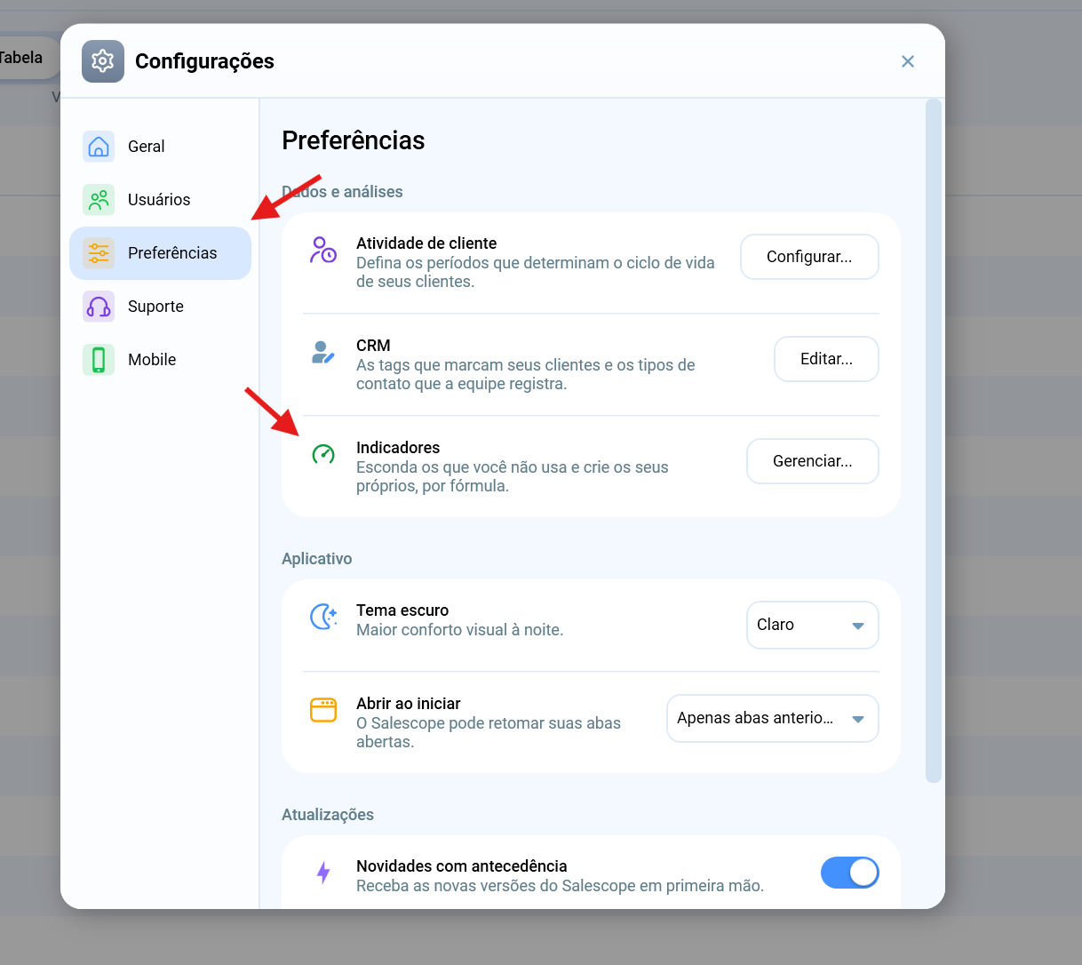 Tela de Configurações do Salescope, na aba Preferências, com destaque para a opção Indicadores, onde os KPIs personalizados são criados