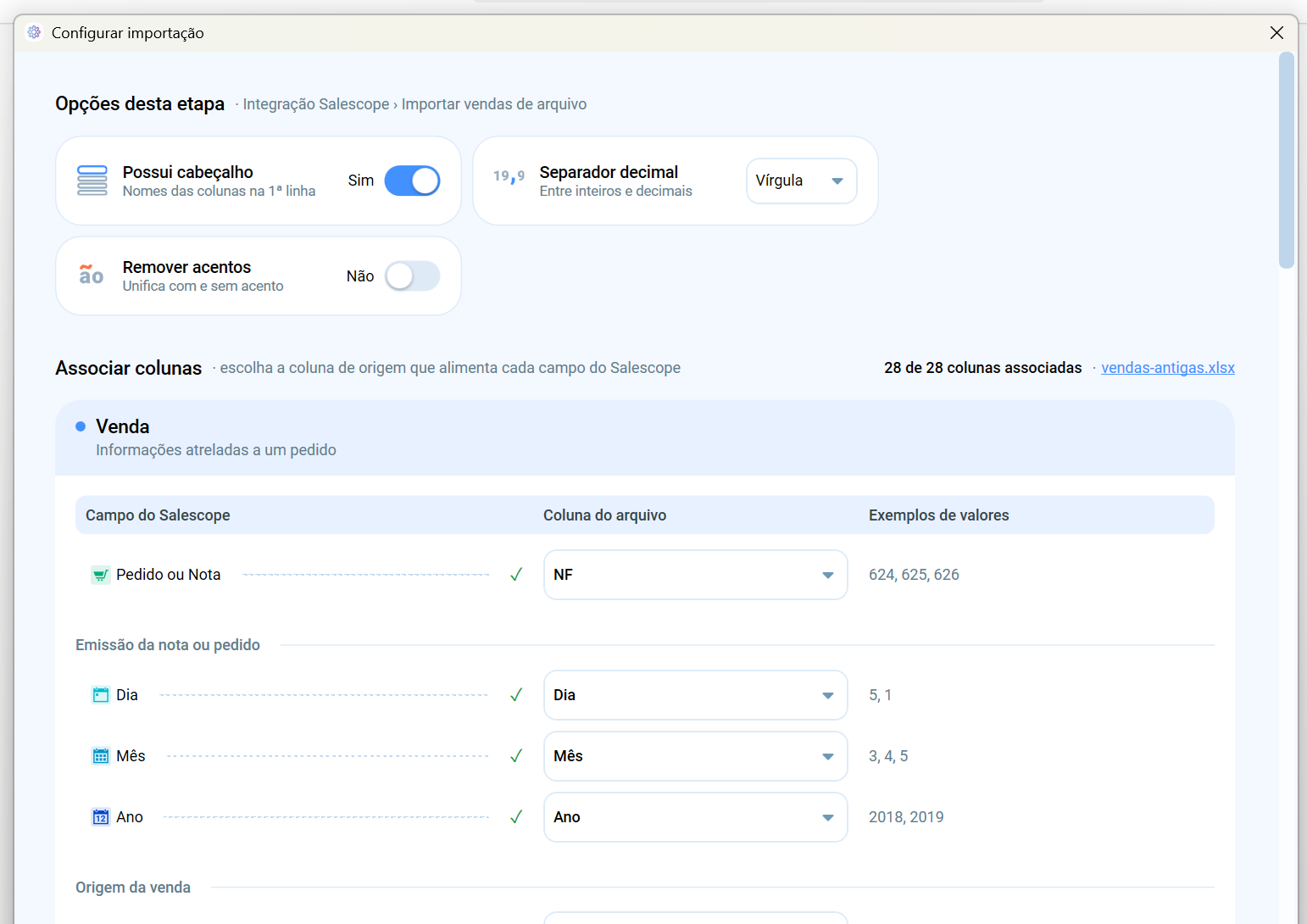 Tela do novo mapeamento de colunas do Salescope Integrador para integrações por query ou CSV
