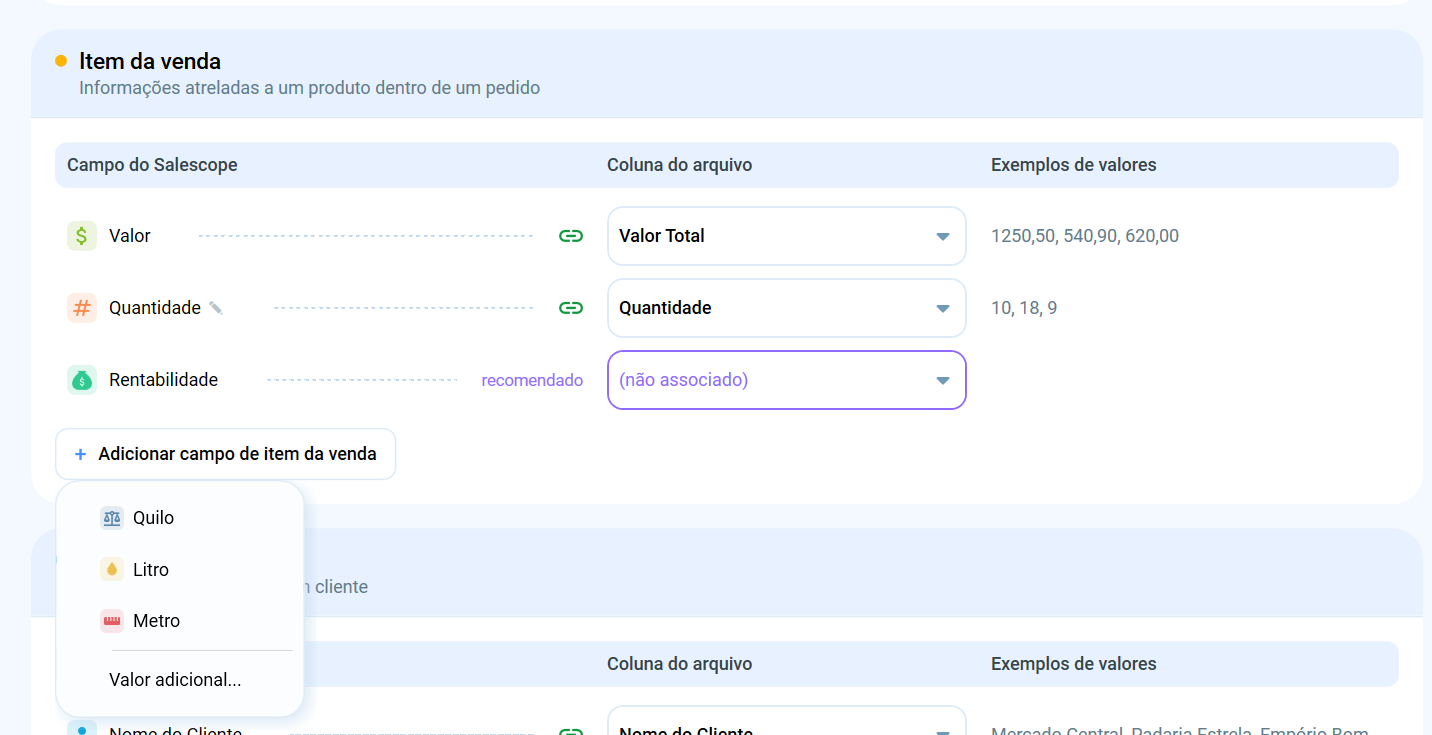 Tela do Integrador do Salescope associando campos do sistema às colunas do arquivo do ERP