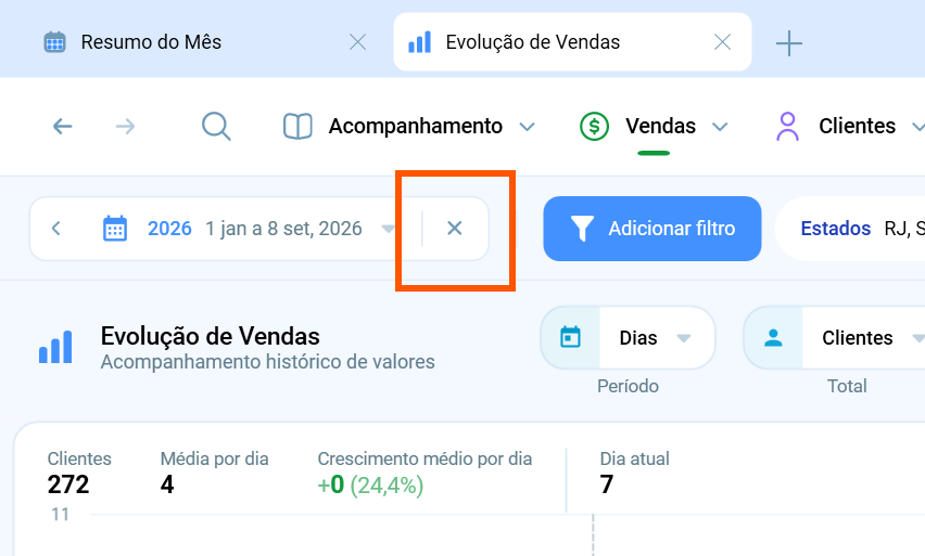 Barra de período do Salescope com o novo botão de limpar data em destaque