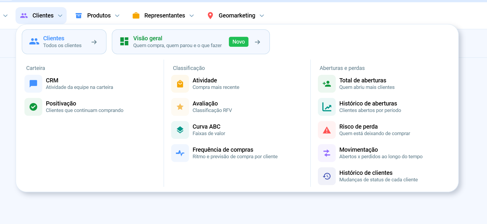 Menu de módulos do Salescope BI com os novos ícones monocromáticos e pastilhas coloridas