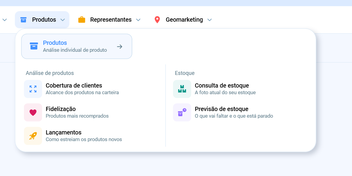 Menu Produtos aberto mostrando os novos ícones com pastilha de fundo na mesma cor