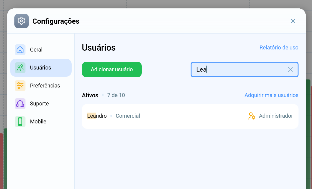 Tela de Configurações do Salescope na aba Usuários com o campo de busca preenchido