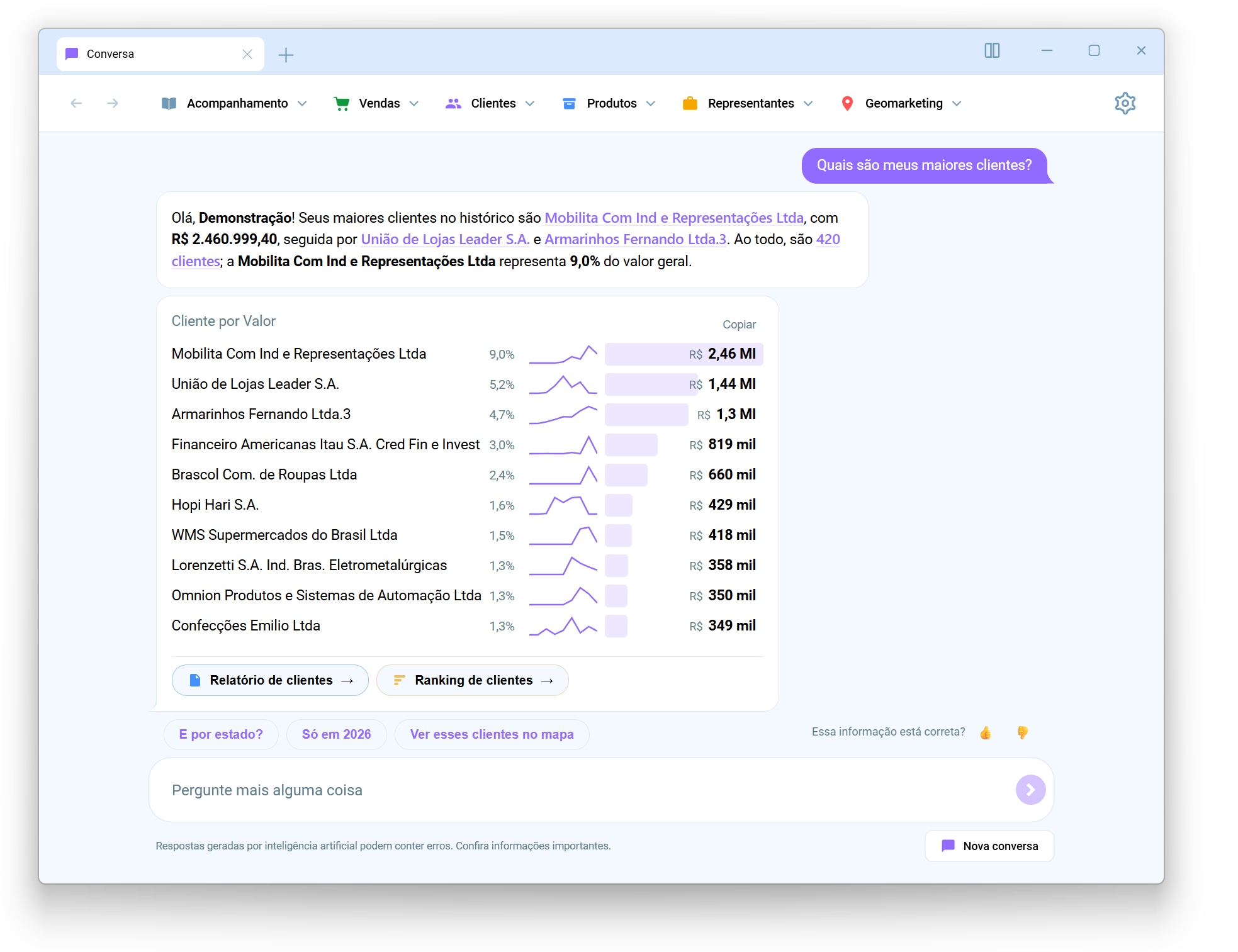 Resposta da IA do Salescope à pergunta "Quais são meus maiores clientes?", com ranking de clientes por valor