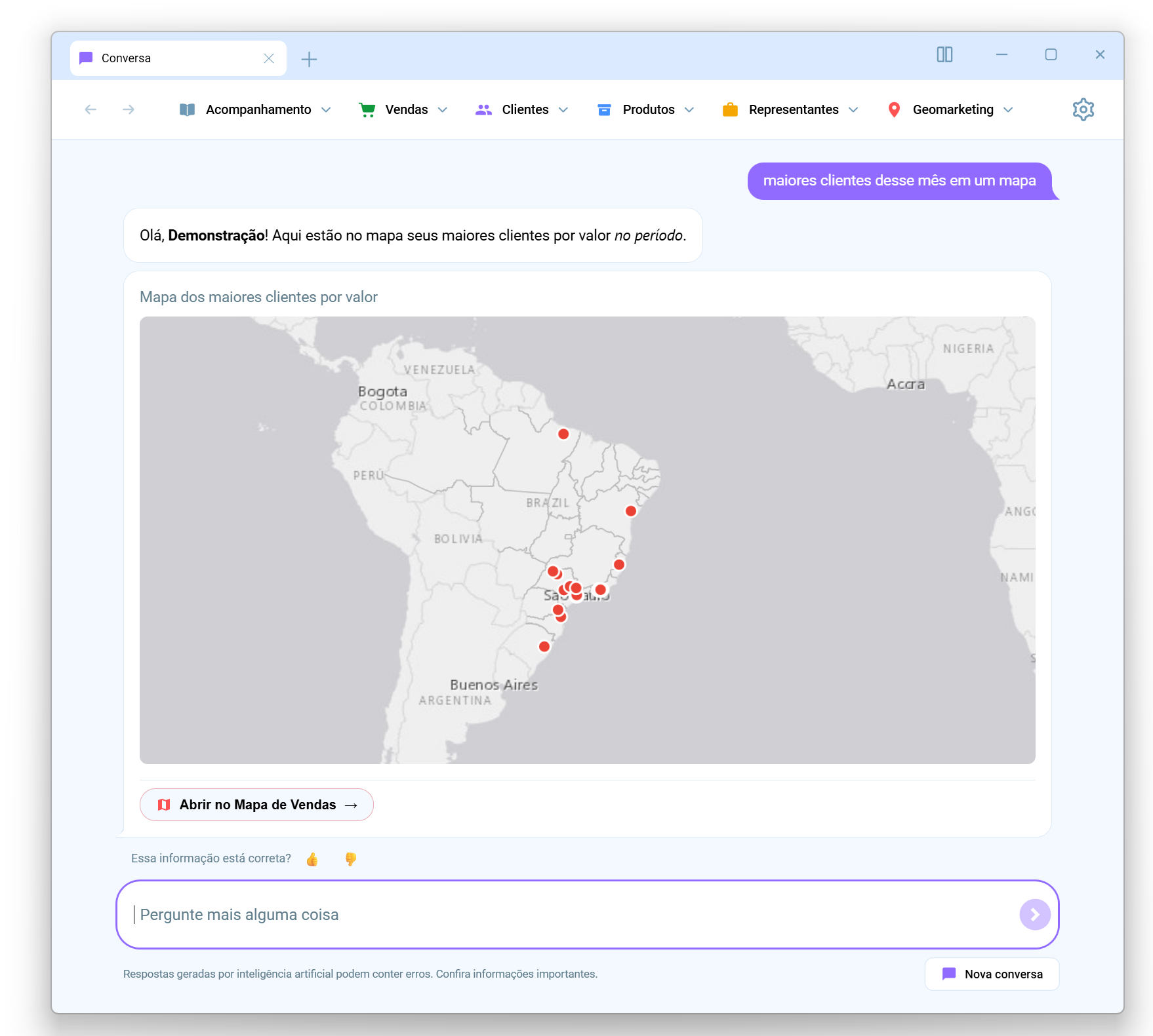 Resposta da IA do Salescope com os maiores clientes do mês em um mapa do Brasil