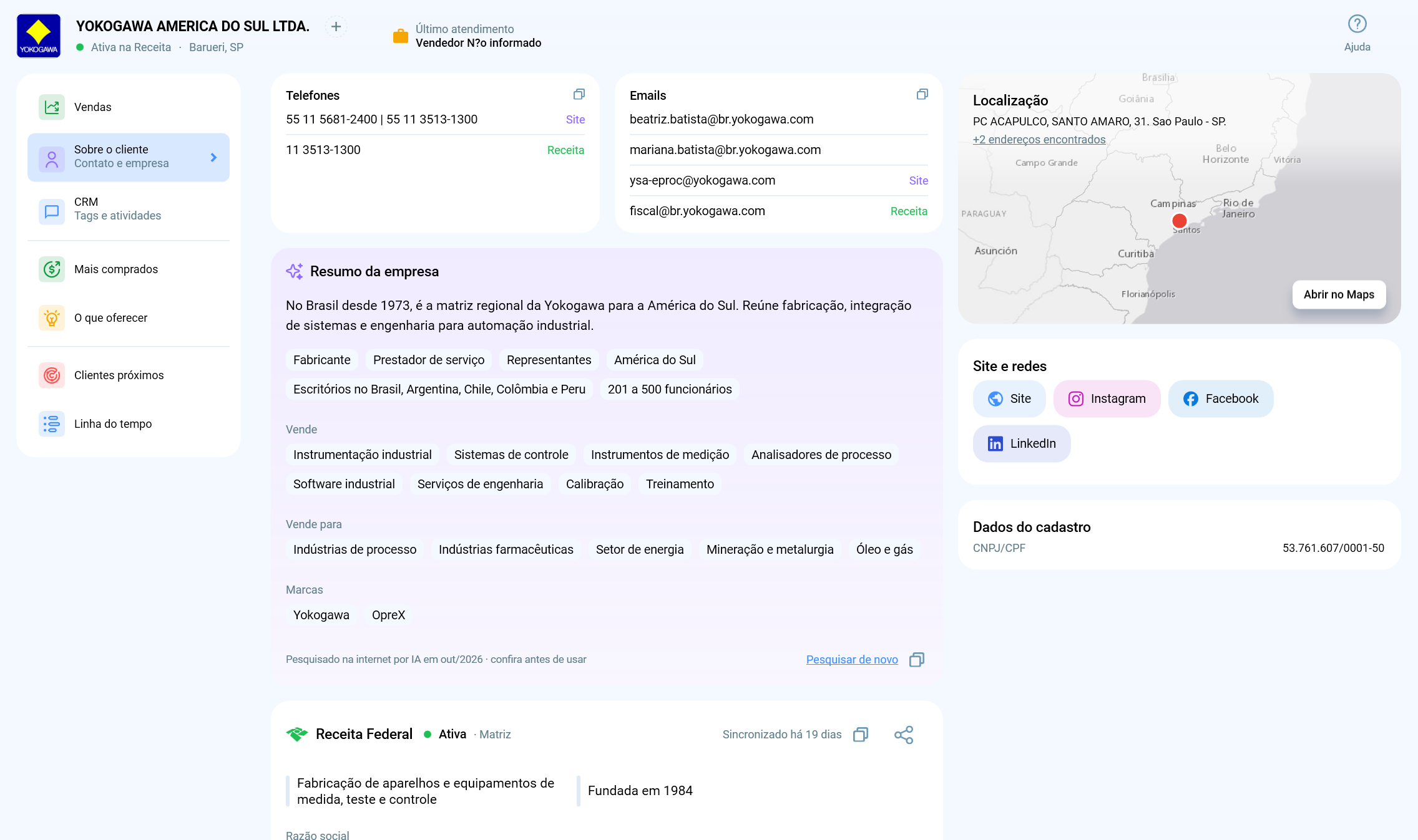 Ficha de cliente no Salescope com resumo da empresa, setores, marcas, localização, site e redes sociais
