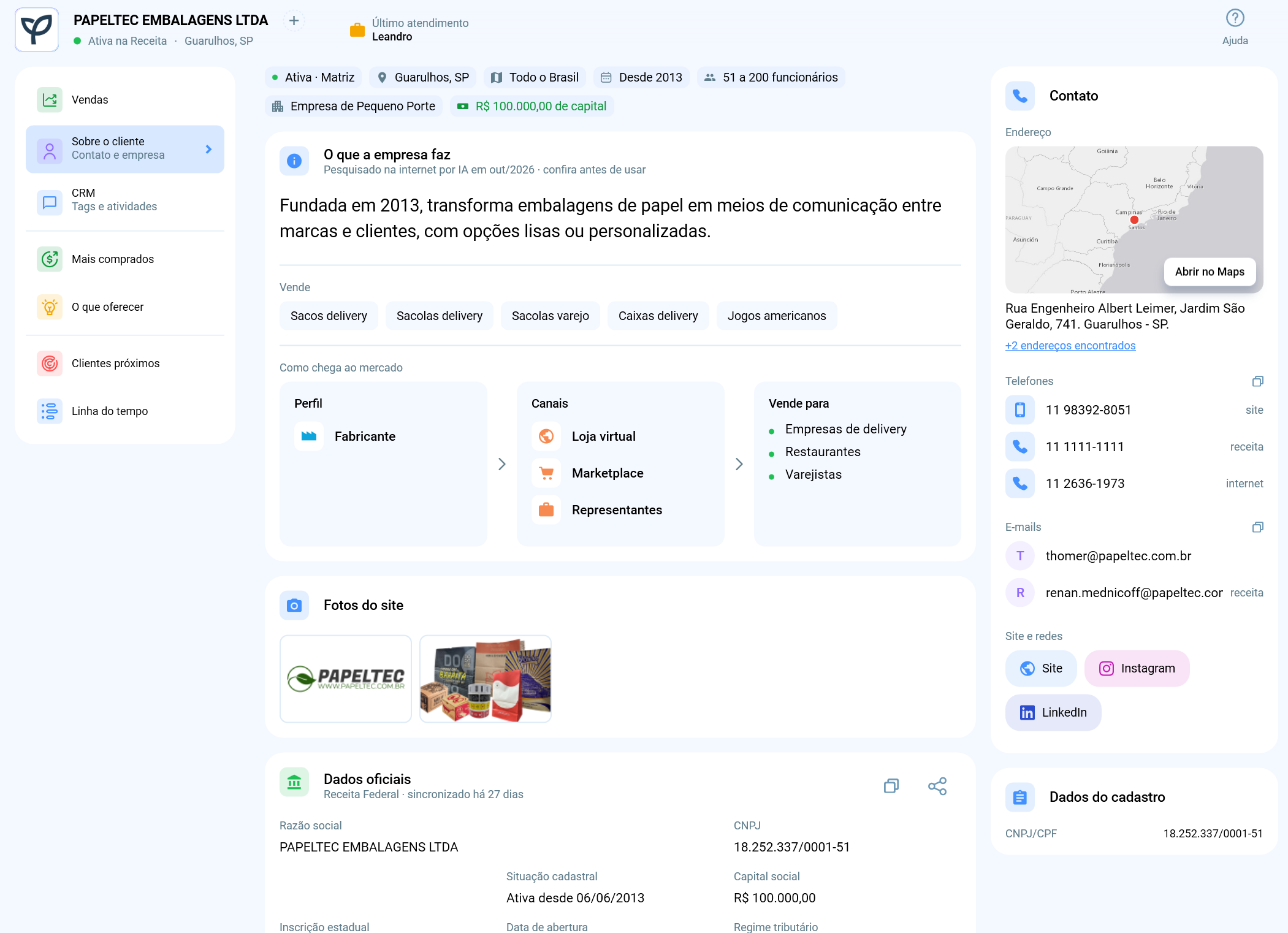 Seção Sobre esse cliente no Salescope