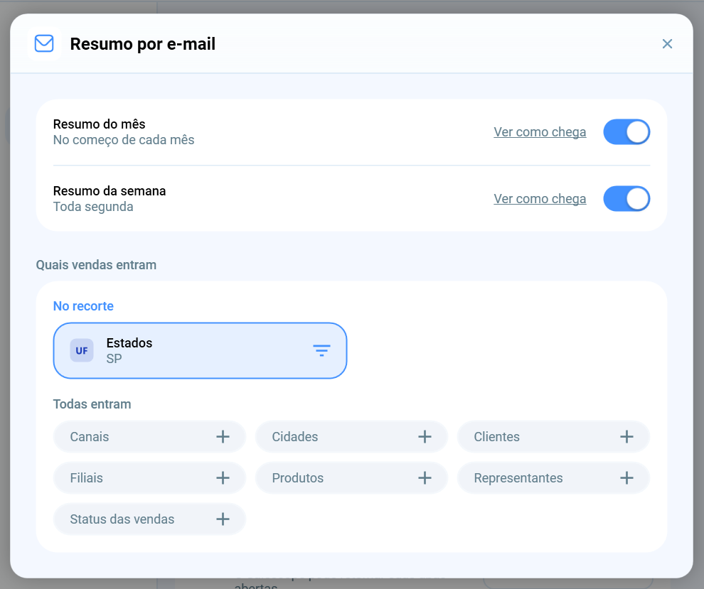 Configuração de filtros do email de resumo de vendas