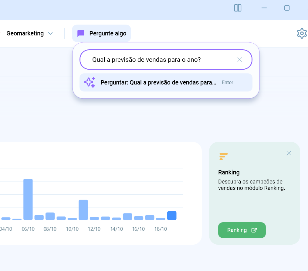 Botão Pergunte algo no menu superior do Salescope, com a pergunta "Qual a previsão de vendas para o ano?"
