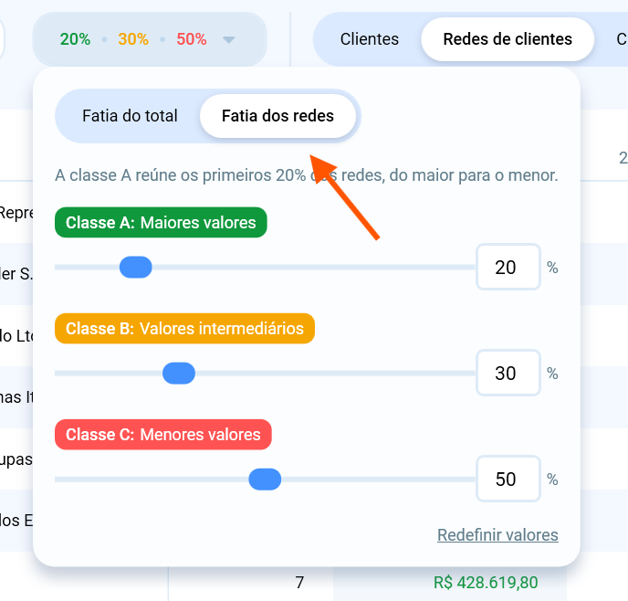 Opção Faixas ABC com controles para definir o percentual das classes A, B e C